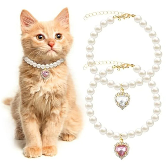 2pcs Cute Girl Cat Collar, Pearl Cat Dog Collar with Small Heart Shape Rhinestone for Small Dogs and Cats Adjustable Fancy Dog