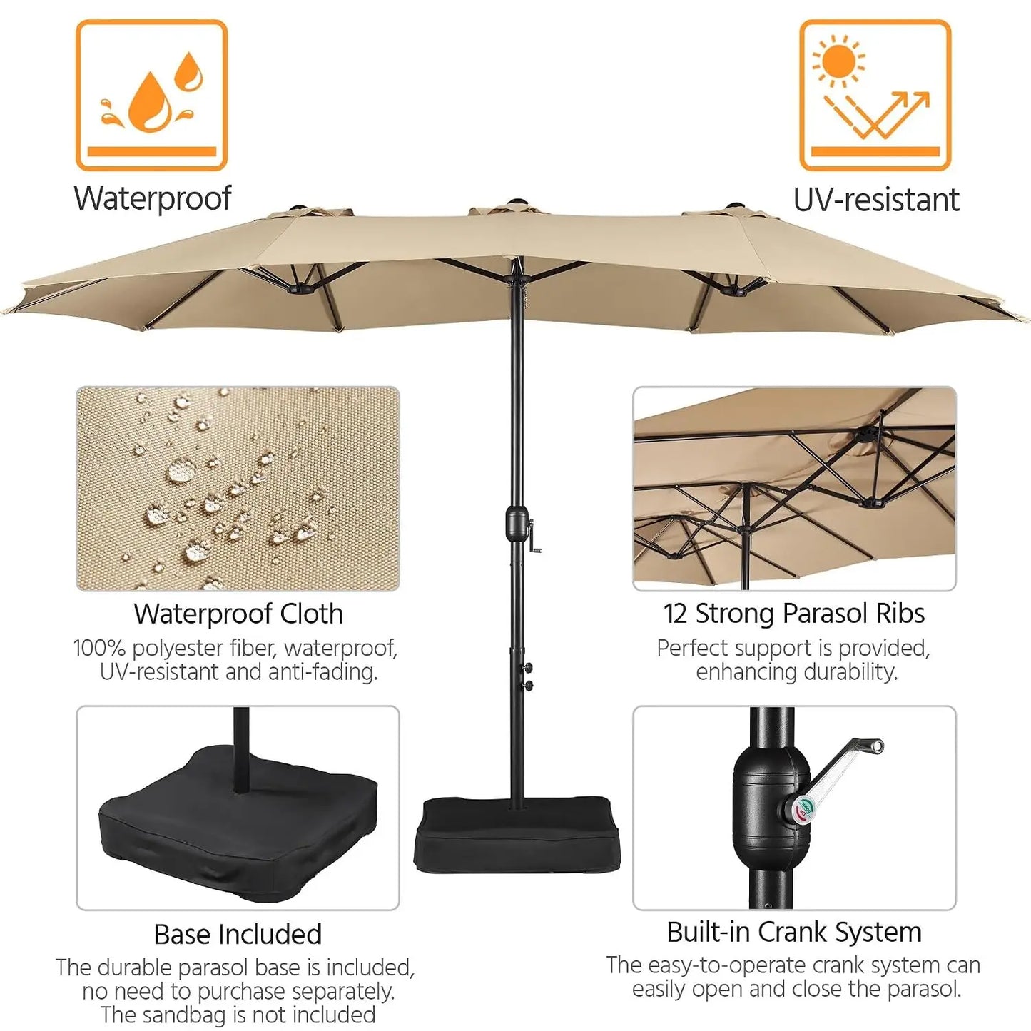 Double Sided Patio Market Umbrella With Base Included UV Resistant