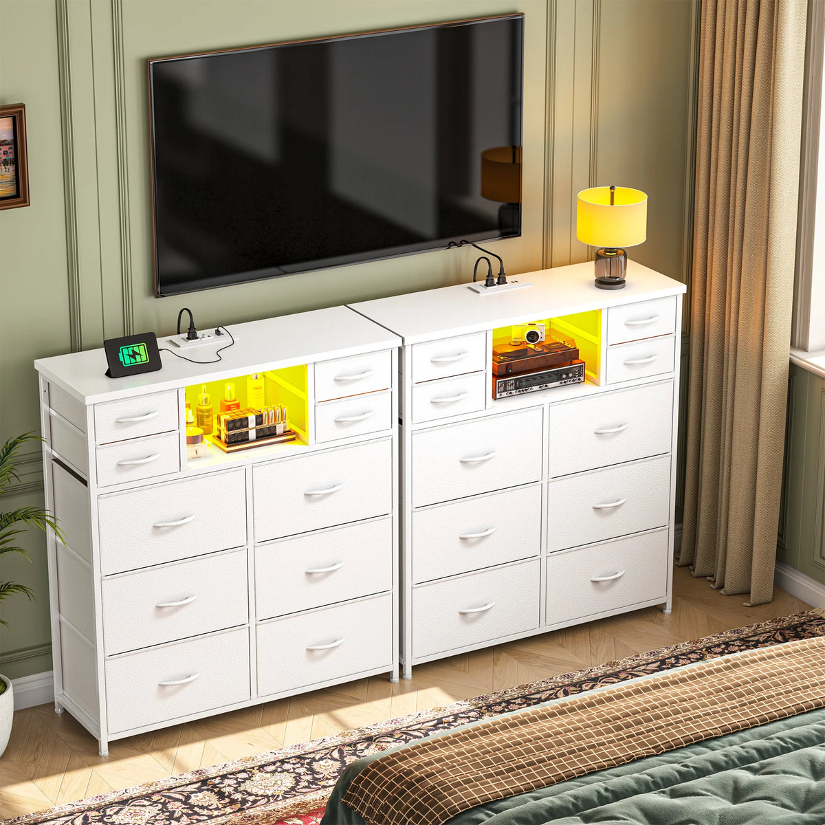 Fabric Storage Chest With LED Charging Station And Open Shelves