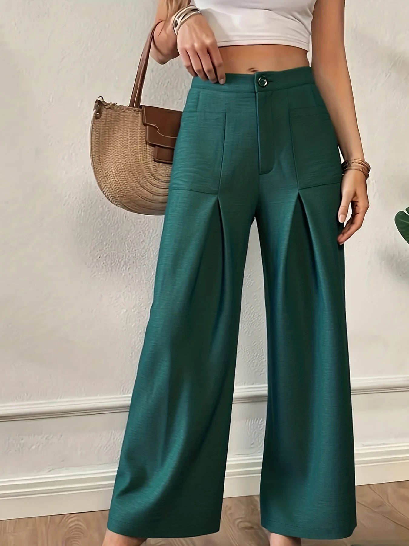 Women Wide Leg High Waist Button Front Pleated Palazzo Pants With Pockets