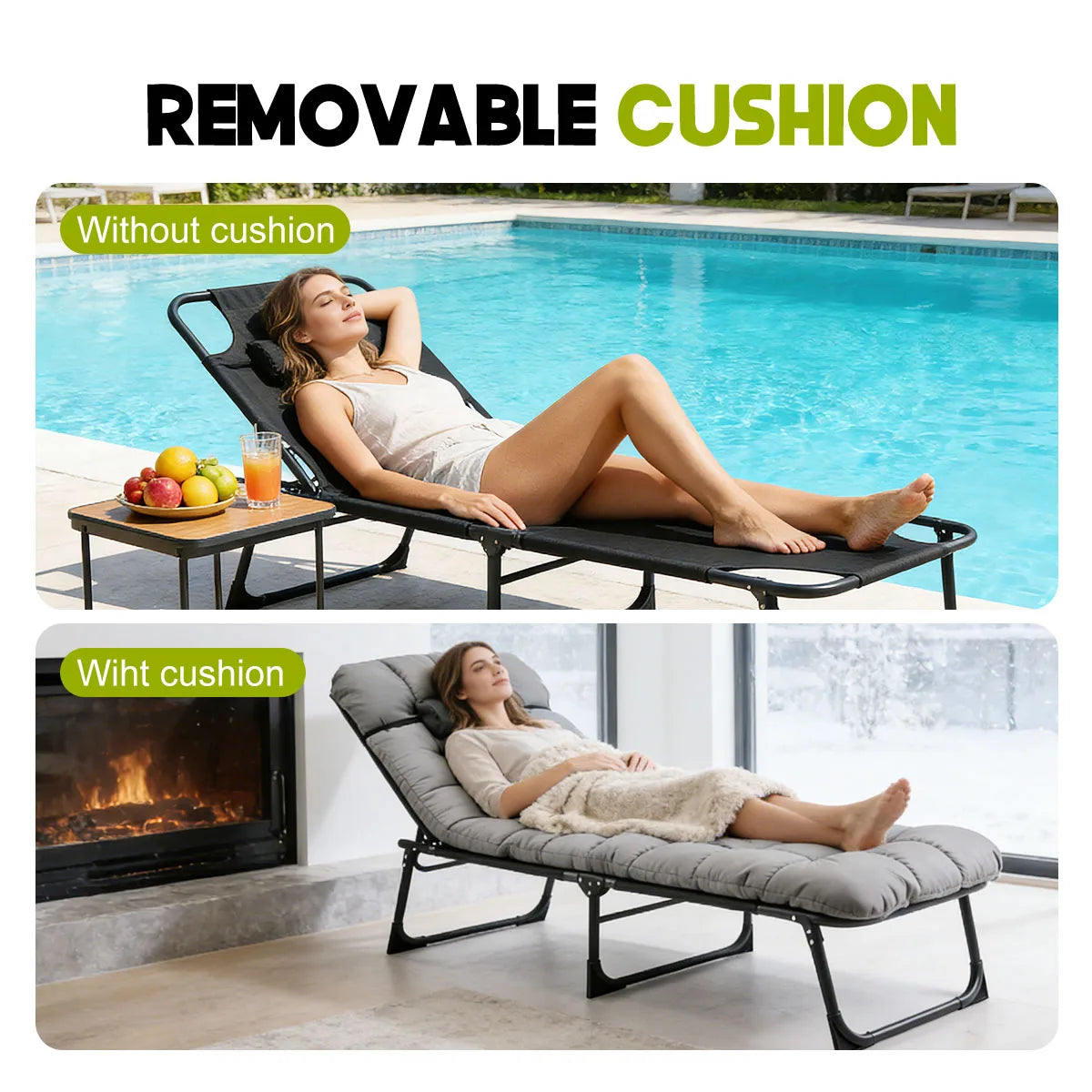 Folding Reclining Camping Lounge Chair with Removable Cushion