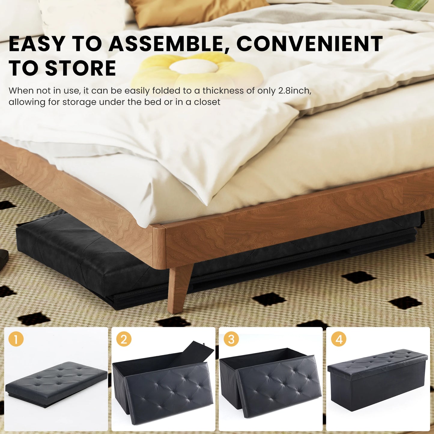 JHK Leather Folding Ottoman Storage Footstool Bench For Living Room