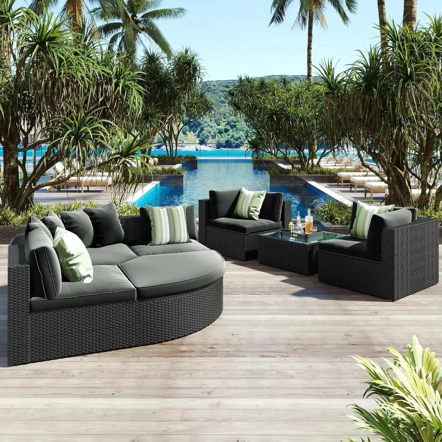 Acacia Wood Half-Moon Outdoor Sofa Set Coffee Table 6 Seat Garden Deck Customized