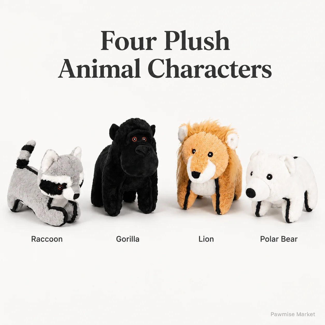 4-Piece Squeaky Plush Pet Toys Set - Polar Bear, Raccoon, Lion & Chimpanzee - Durable Soft Chew Toys for Dogs & Cats - Bite-Resistant Stuffed Animals for Puppies & Kittens - Anxiety Relief & Interactive Play