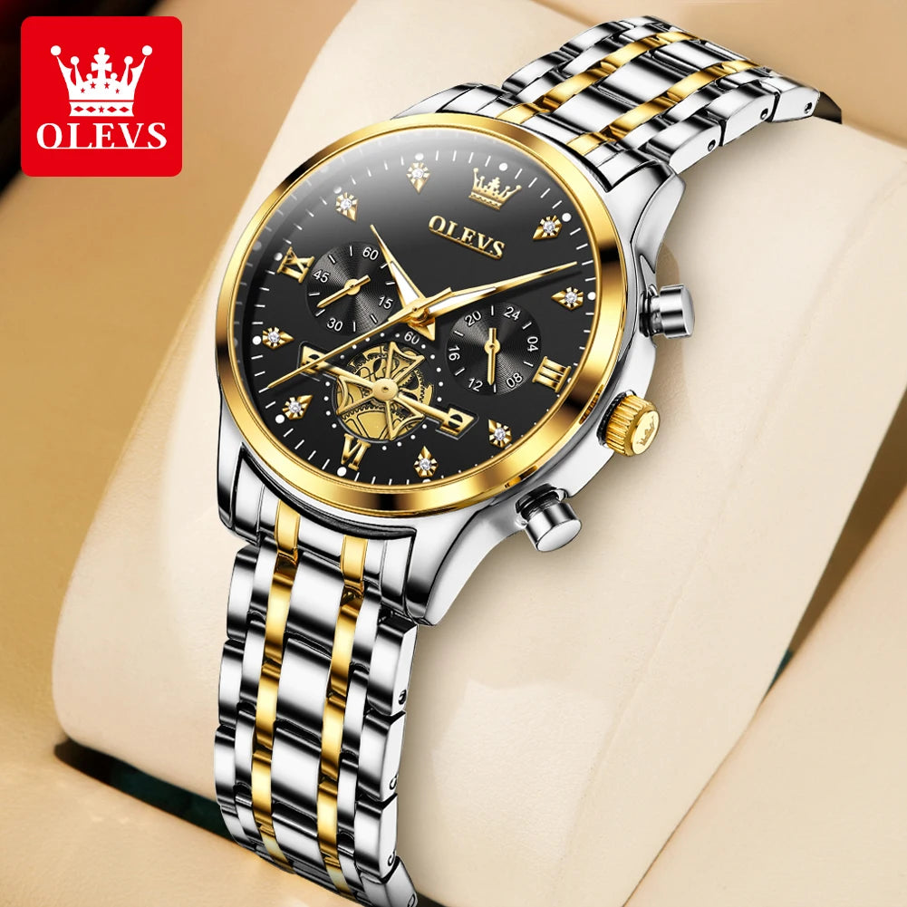 OLEVS Skeleton Quartz Chronograph Stainless Steel Waterproof Luminous Watch