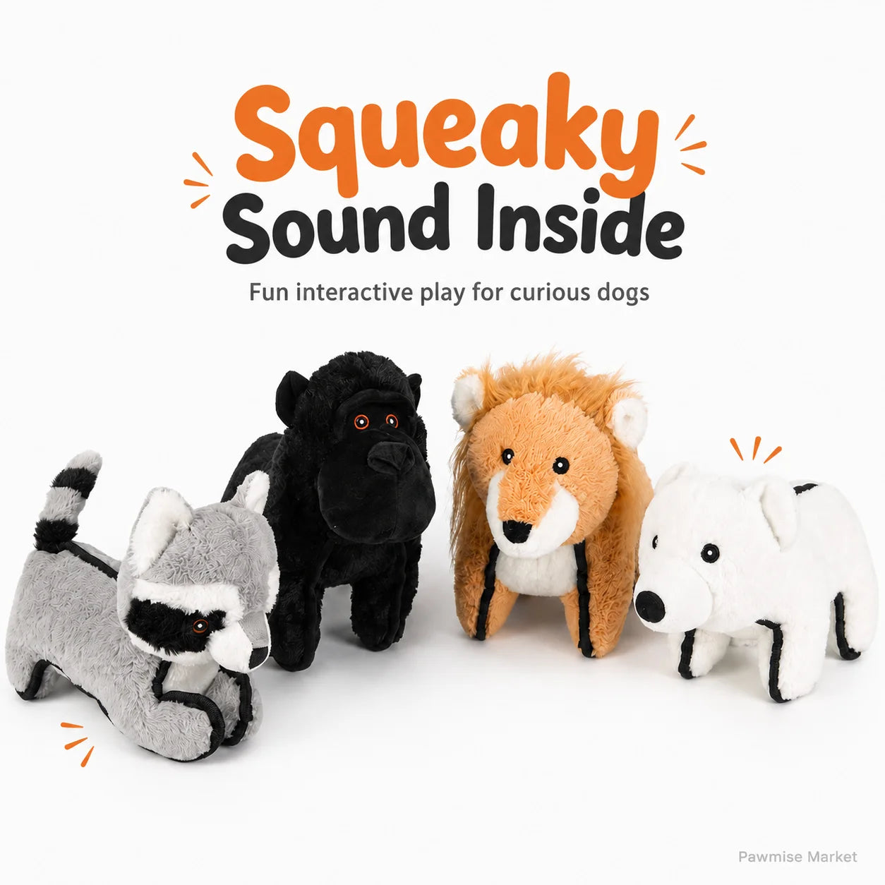 4-Piece Squeaky Plush Pet Toys Set - Polar Bear, Raccoon, Lion & Chimpanzee - Durable Soft Chew Toys for Dogs & Cats - Bite-Resistant Stuffed Animals for Puppies & Kittens - Anxiety Relief & Interactive Play