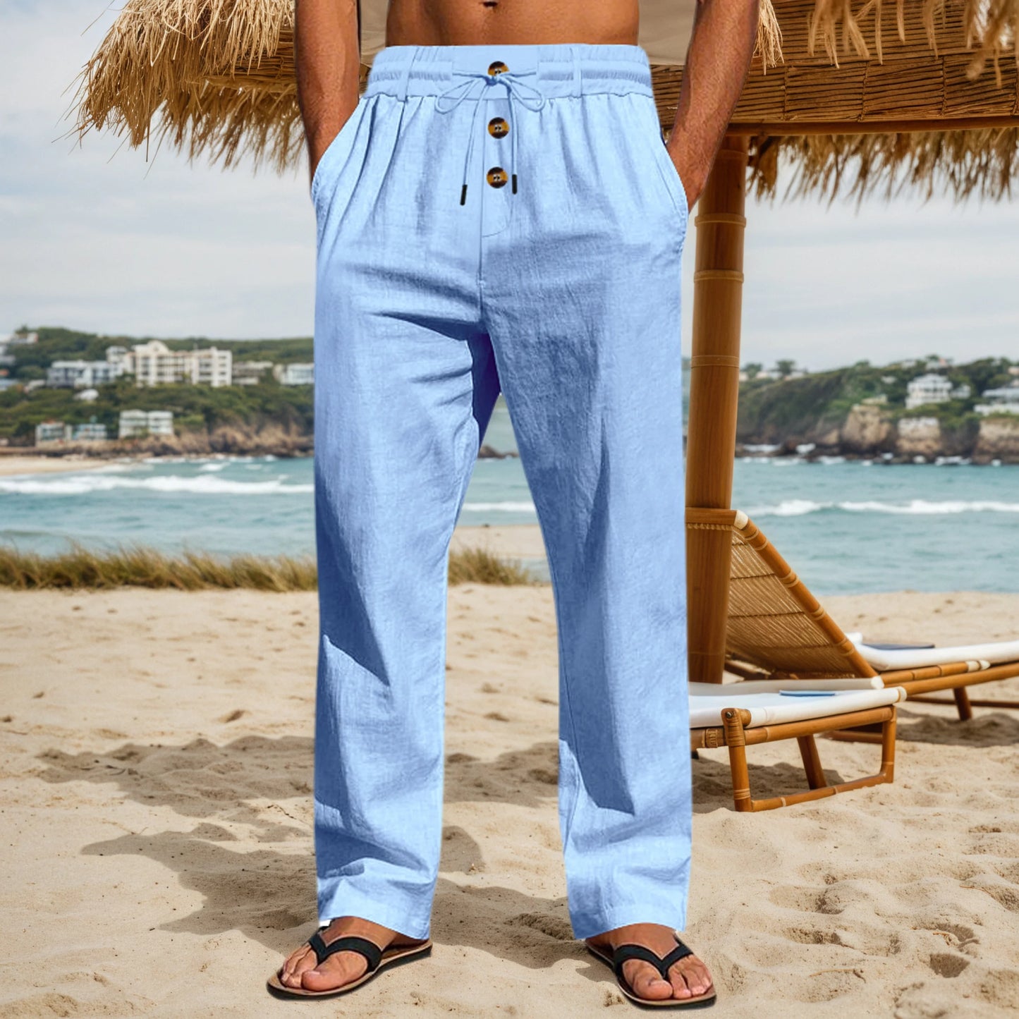 Men's Cotton Casual Pants With Three Button Placket Elastic Pockets