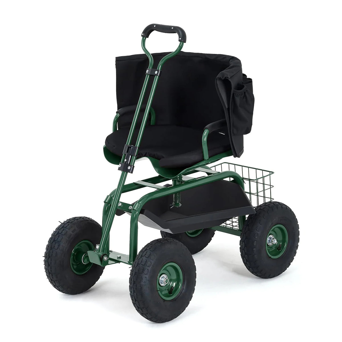 Heavy Duty Garden Cart Rolling Work Seat, 360° Swivel Garden Scooter With 10in Pneumatic Tires, Tool Tray, Storage Basket, 300LB