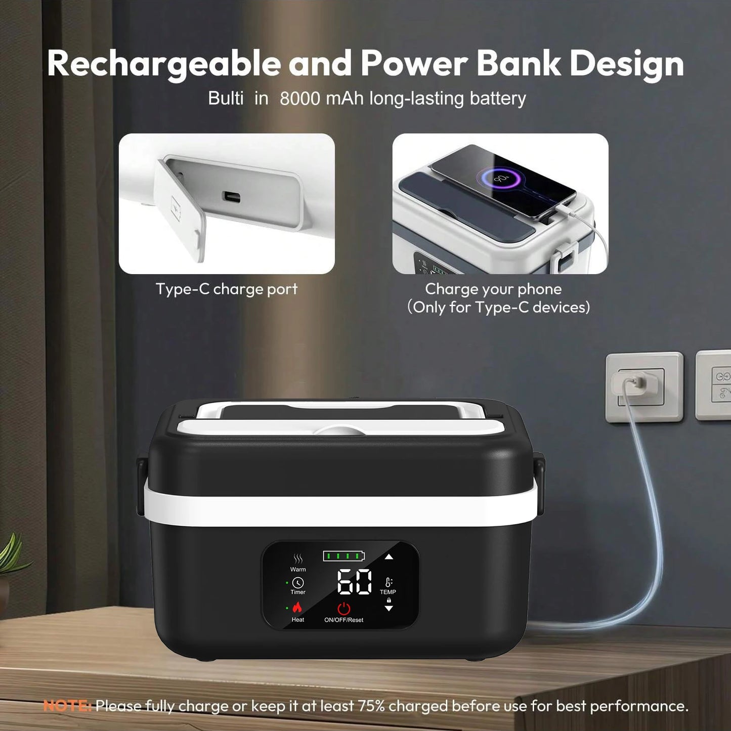 Wireless Heated Insulated Lunch Box With 8000mAh Battery And 60W Heating