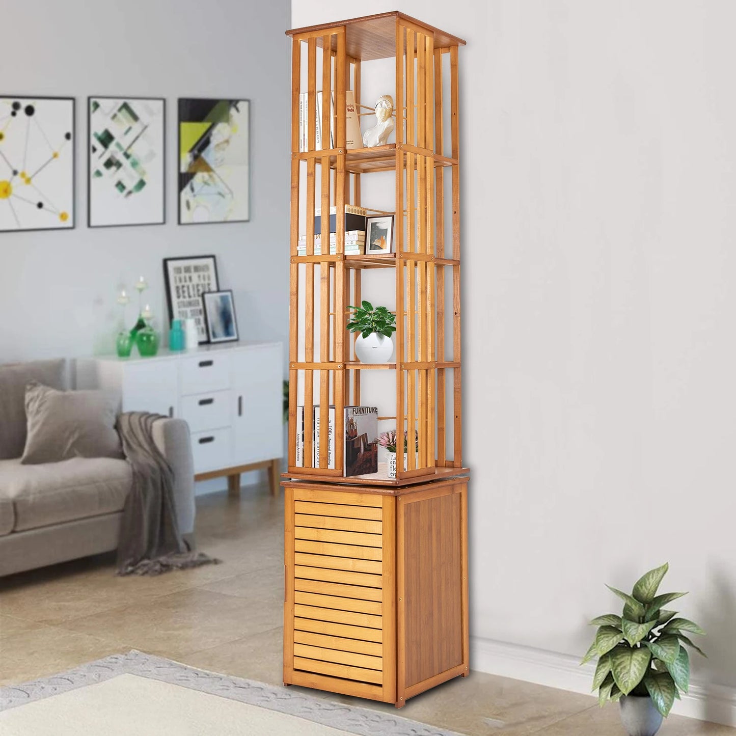 Bymaocar 6 Tier Corner Bamboo Book Shelf Rotating Display Rack