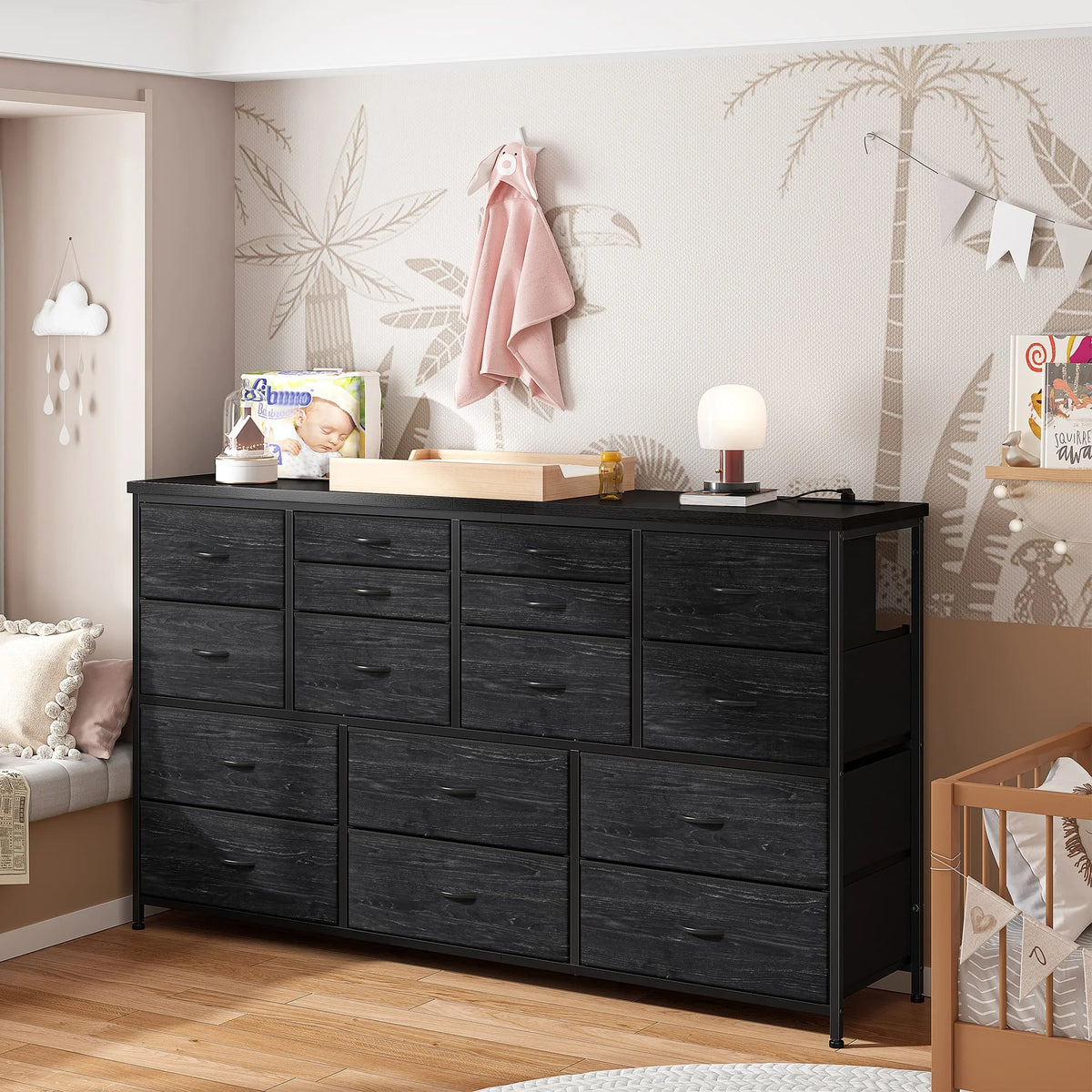 EnHomee 60" TV Stand with 16 Drawers & Charging Station – Long Dresser & Chest of Drawers – Large Bedroom Storage Unit