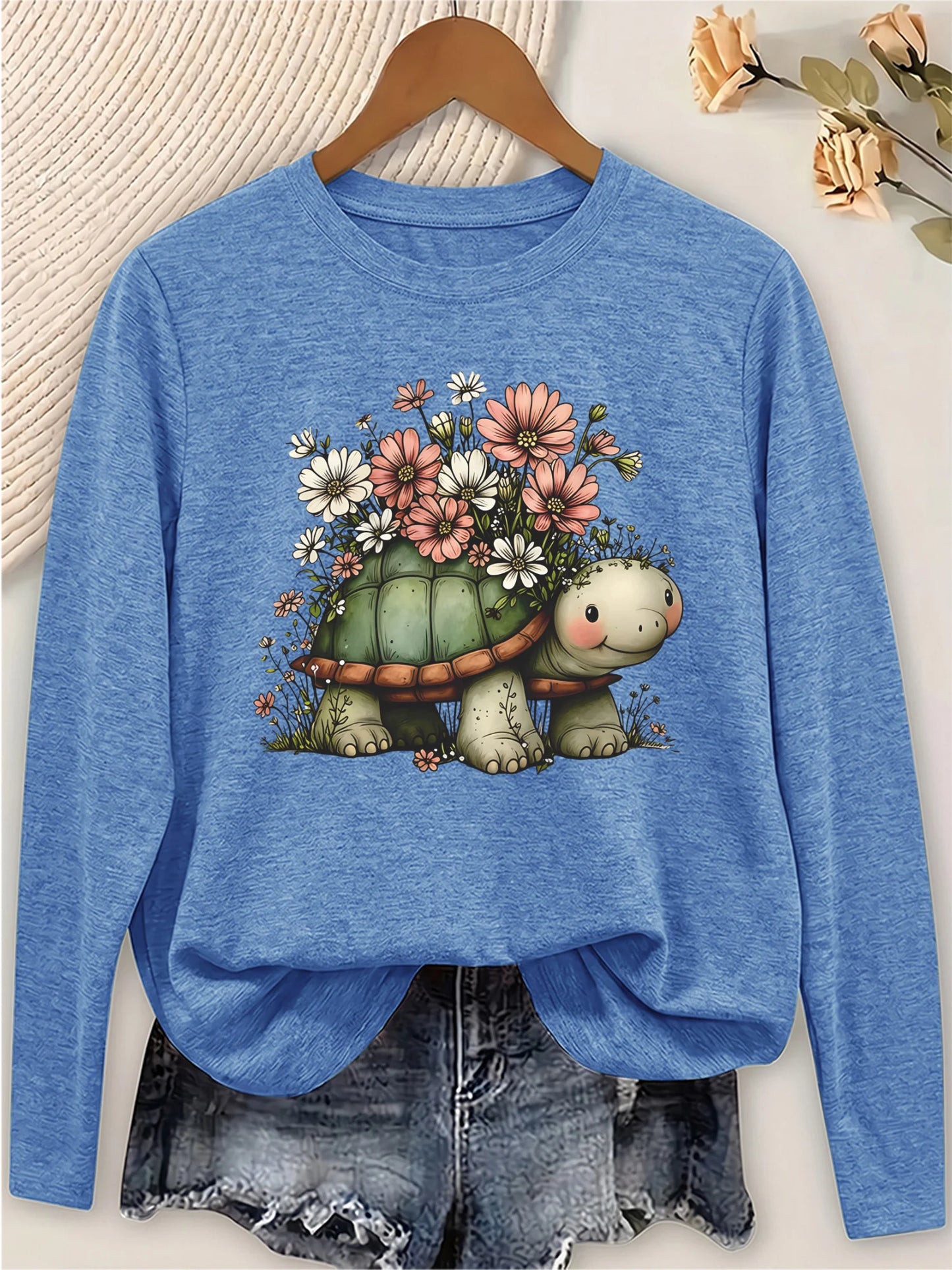 Women's Long Sleeve T Shirt With Turtle Floral Print