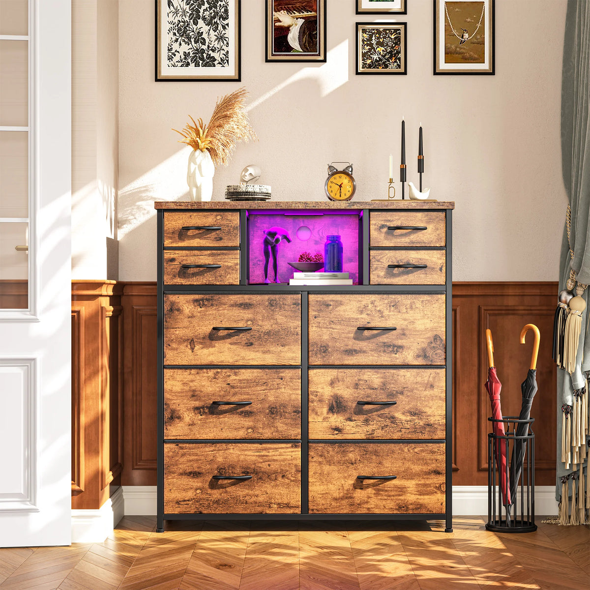 Fabric Storage Chest With LED Charging Station And Open Shelves