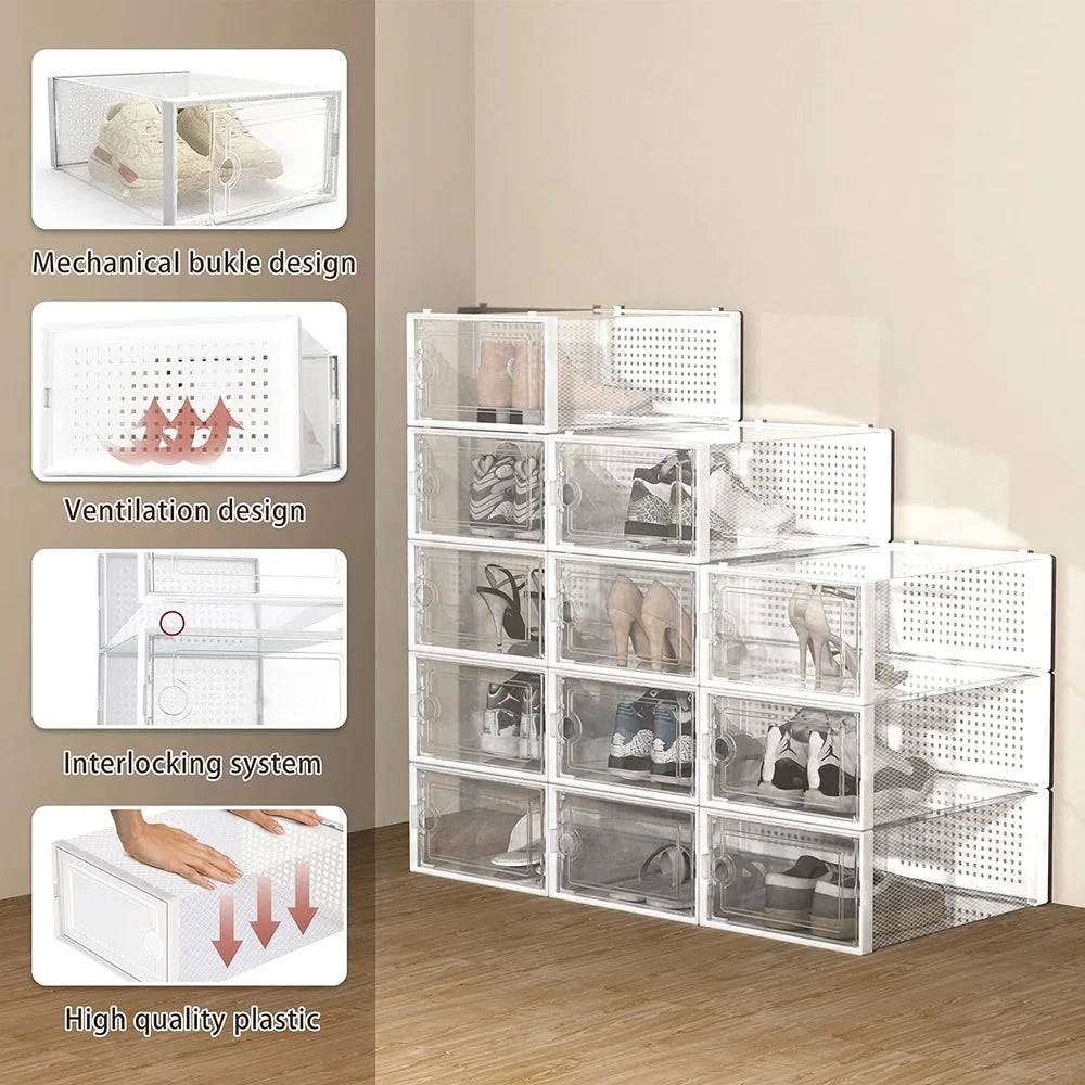 Transparent Plastic Stackable Shoe Storage Boxes With Linked Design