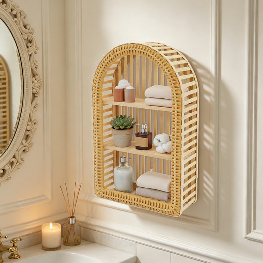 Wood Color Rattan Wall Shelf, 3 Tier Arch Hanging Shelves, Wall Decor Rack For Living Room/Bedroom