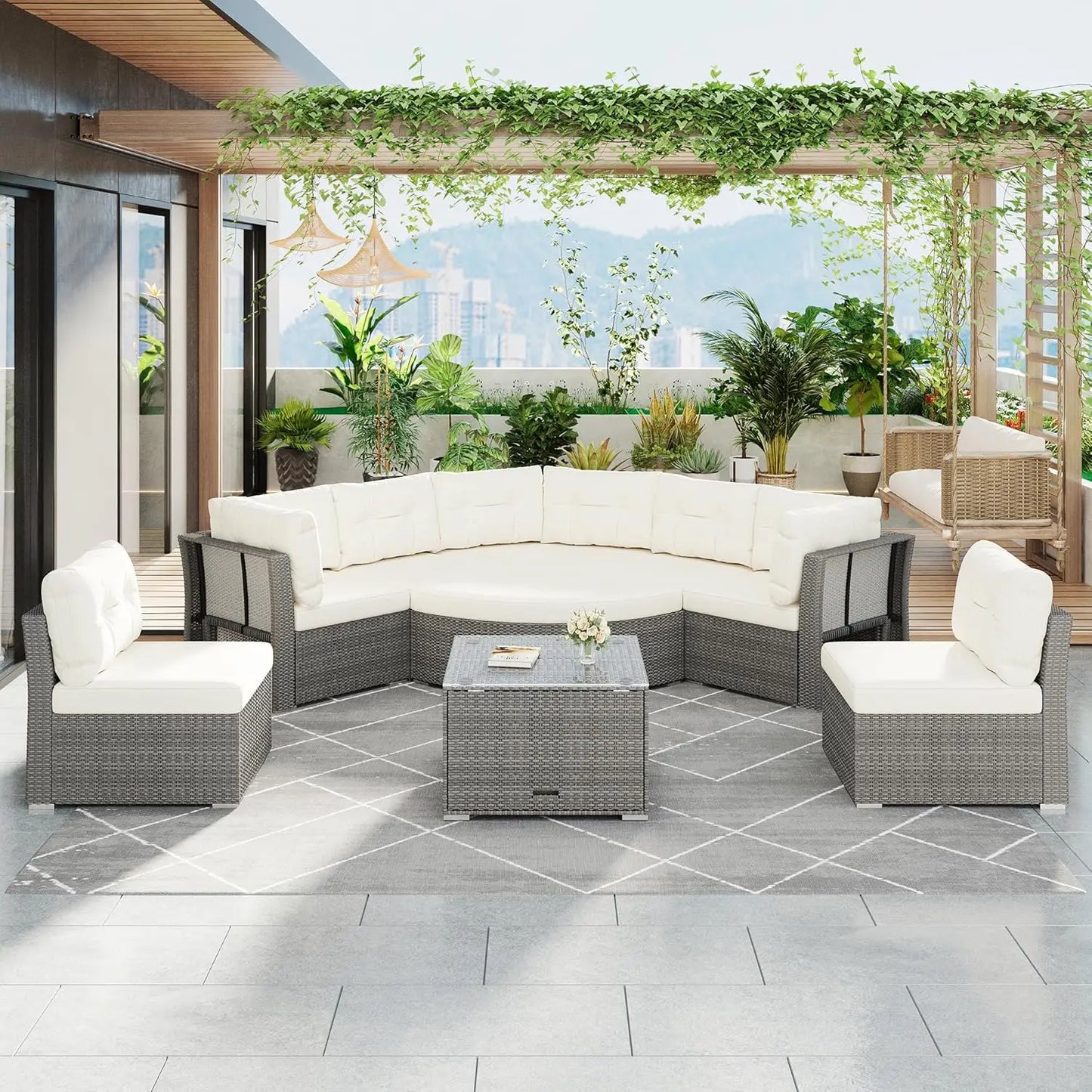 Acacia Wood Half-Moon Outdoor Sofa Set Coffee Table 6 Seat Garden Deck Customized
