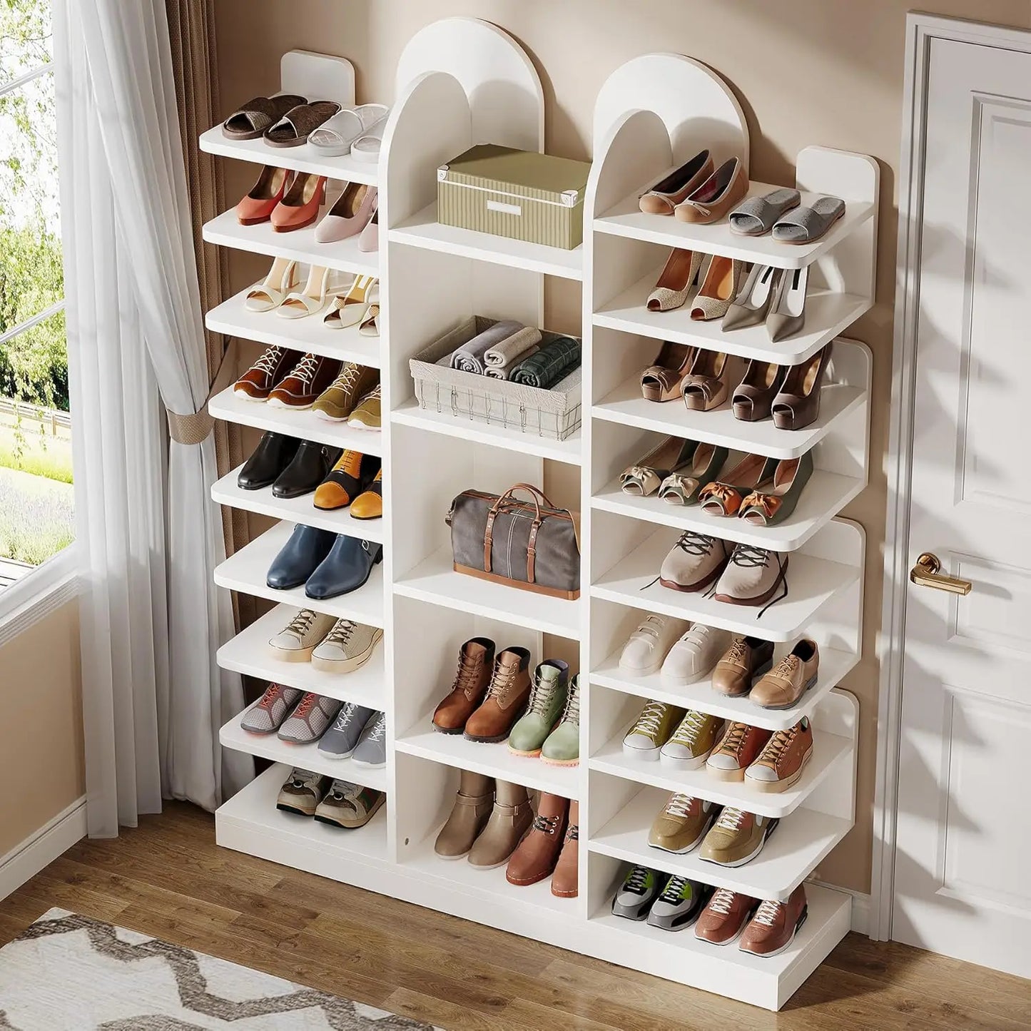 White Shoe Rack, 13-Tier Freestanding Tall Entryway Shoe Organizer with Open Shelves, 40 Pairs Wide Wooden Shoe, Customized
