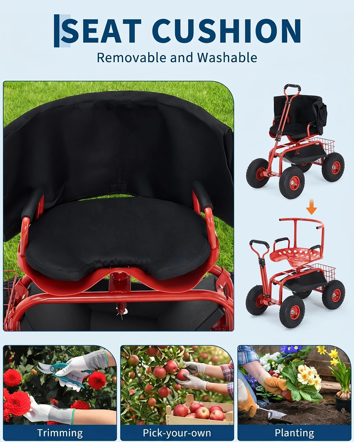 Heavy Duty Garden Cart Rolling Work Seat, 360° Swivel Garden Scooter With 10in Pneumatic Tires, Tool Tray, Storage Basket, 300LB