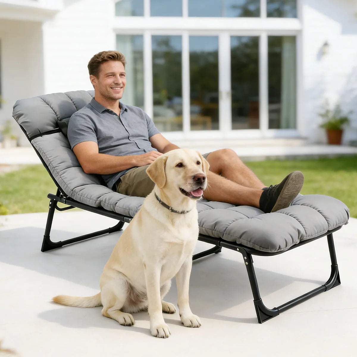 Folding Reclining Camping Lounge Chair with Removable Cushion