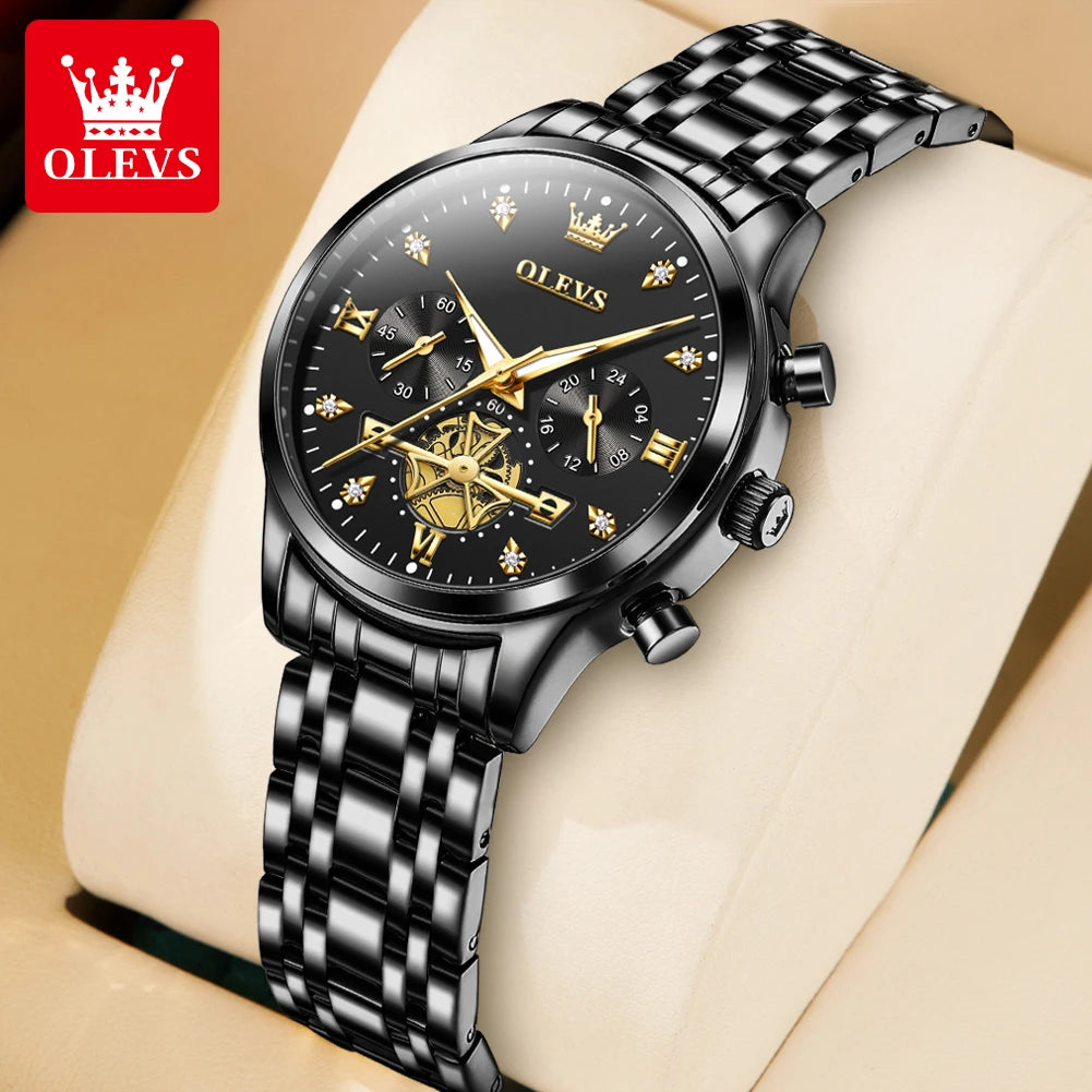 OLEVS Skeleton Quartz Chronograph Stainless Steel Waterproof Luminous Watch