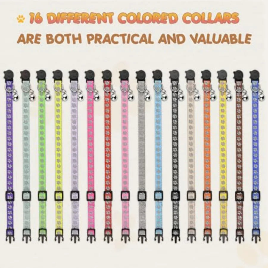 16 PCS Breakaway Cat Collars with Bells Reflective Cat Collar Safety Nylon Kitten Collars Cat Collars for Girl Boy Cats 7.5"-12