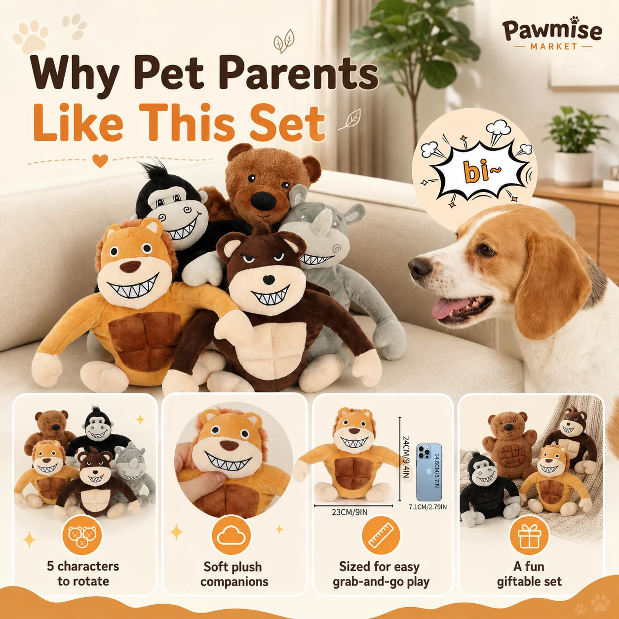 5-Piece Squeaky Plush Pet Toys Set - Lion, Bear, Rhino, Monkey & Chimpanzee - Durable Soft Chew Toys for Dogs & Cats - Bite-Resistant Stuffed Animals for Puppies & Kittens - Anxiety Relief & Interactive Play