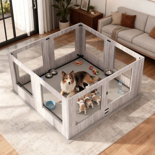BORWART Heavy Duty Dog Whelping Box With Tempered Glass Enclosure