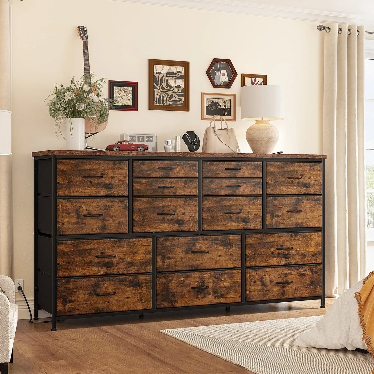 EnHomee 60" TV Stand with 16 Drawers & Charging Station – Long Dresser & Chest of Drawers – Large Bedroom Storage Unit