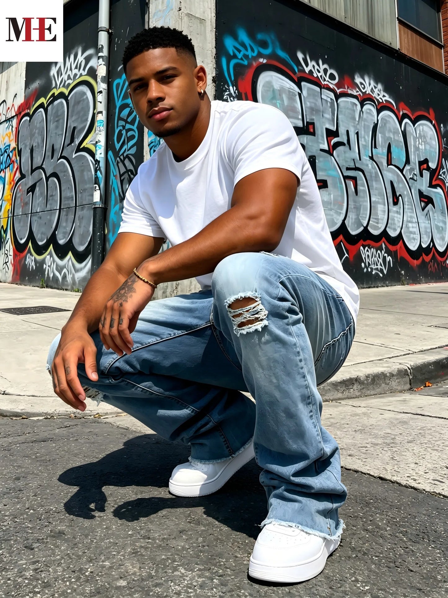 HME Men Distressed Flared Denim Jeans With Knee Rips Frayed Hem Streetwear