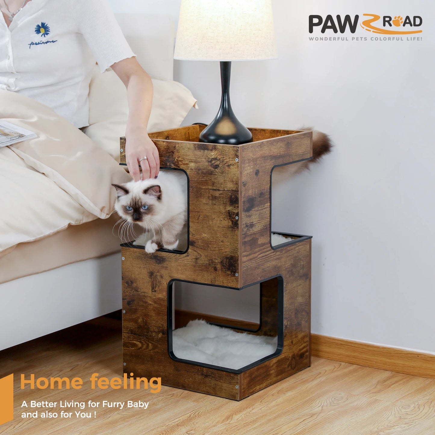 PAWZ Road Wood Cat Condo Bed With Scratching Pad Kitten