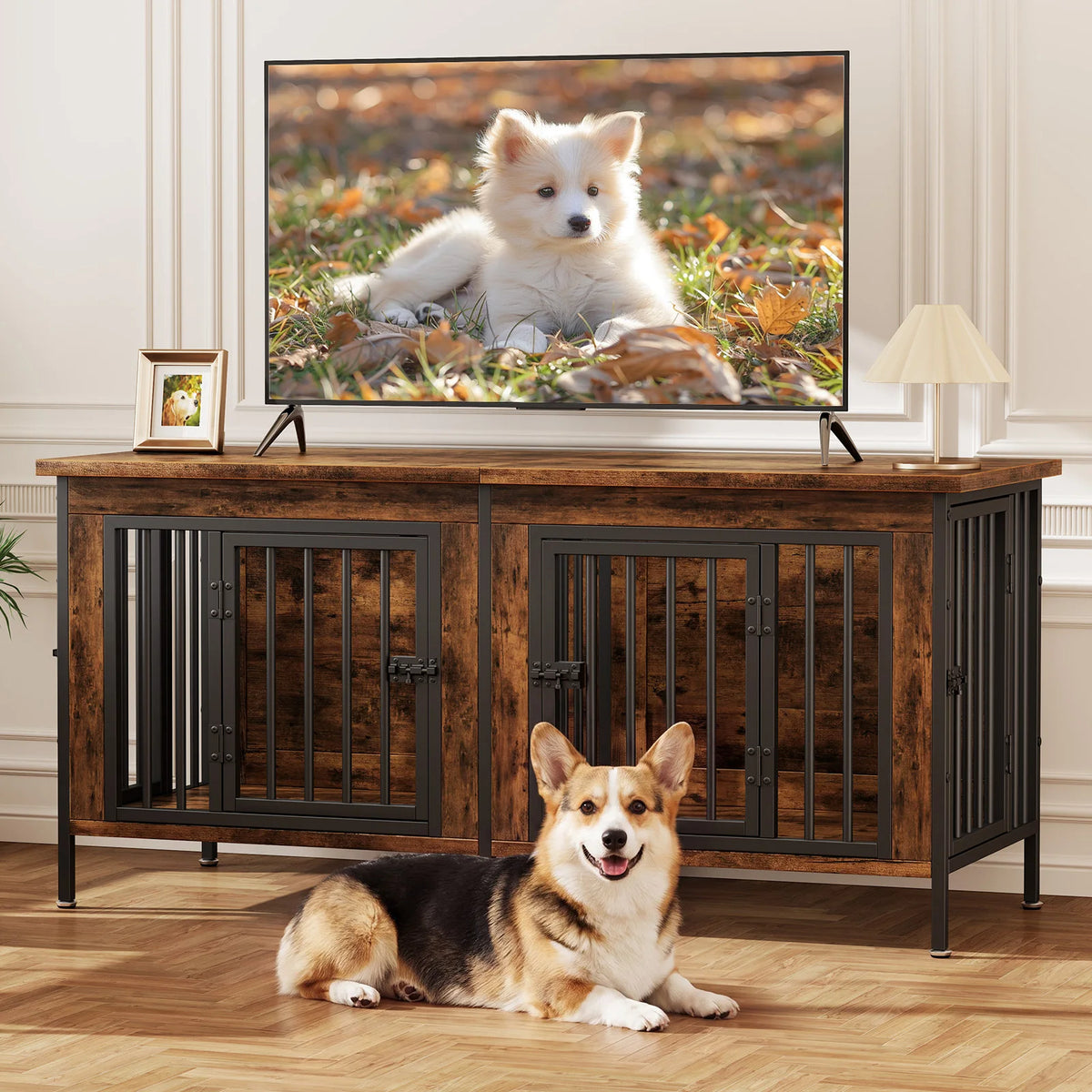 JHK Heavy Duty Wooden Double Door Dog Kennel With Divider
