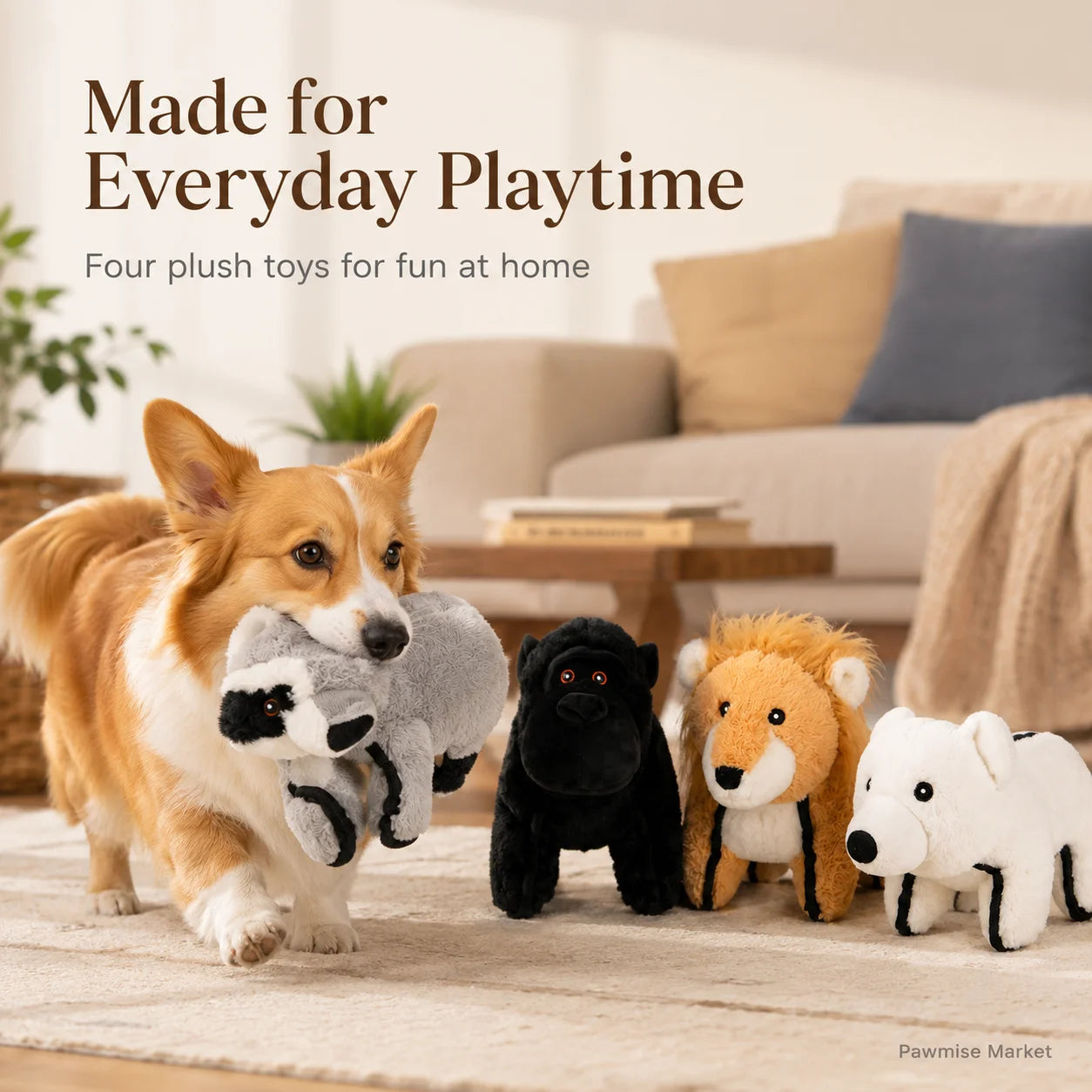 4-Piece Squeaky Plush Pet Toys Set - Polar Bear, Raccoon, Lion & Chimpanzee - Durable Soft Chew Toys for Dogs & Cats - Bite-Resistant Stuffed Animals for Puppies & Kittens - Anxiety Relief & Interactive Play