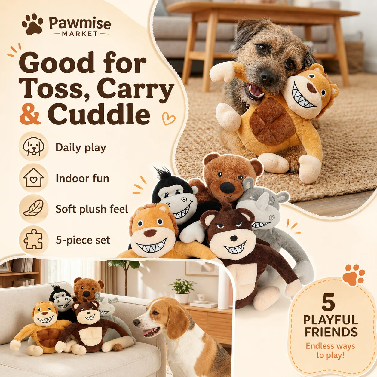 5-Piece Squeaky Plush Pet Toys Set - Lion, Bear, Rhino, Monkey & Chimpanzee - Durable Soft Chew Toys for Dogs & Cats - Bite-Resistant Stuffed Animals for Puppies & Kittens - Anxiety Relief & Interactive Play