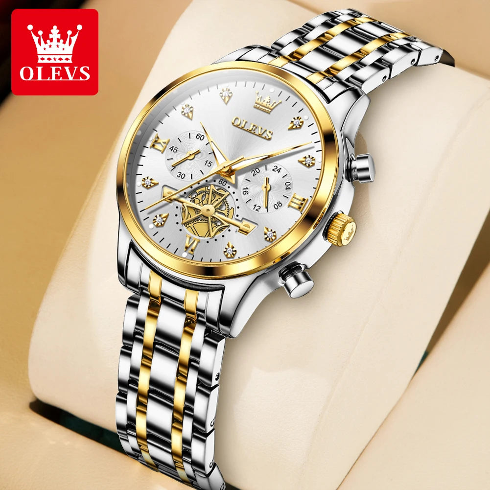 OLEVS Skeleton Quartz Chronograph Stainless Steel Waterproof Luminous Watch