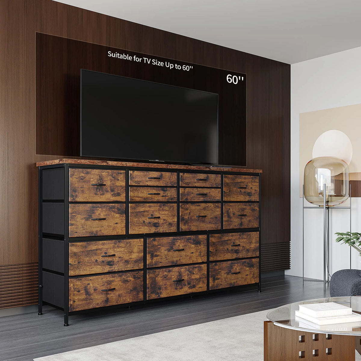 EnHomee 60" TV Stand with 16 Drawers & Charging Station – Long Dresser & Chest of Drawers – Large Bedroom Storage Unit