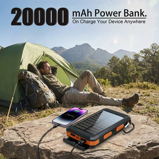 Solar Power Bank10000/20000MAH Portable Fast, Equipped with 4 Dual USB Ports And Type-C/Micro USB Input Ports, Built-in 2.4W LED Flashlight/compass, Suitable for All Mobile Devices, Travel And Camping Backup Power, Practical