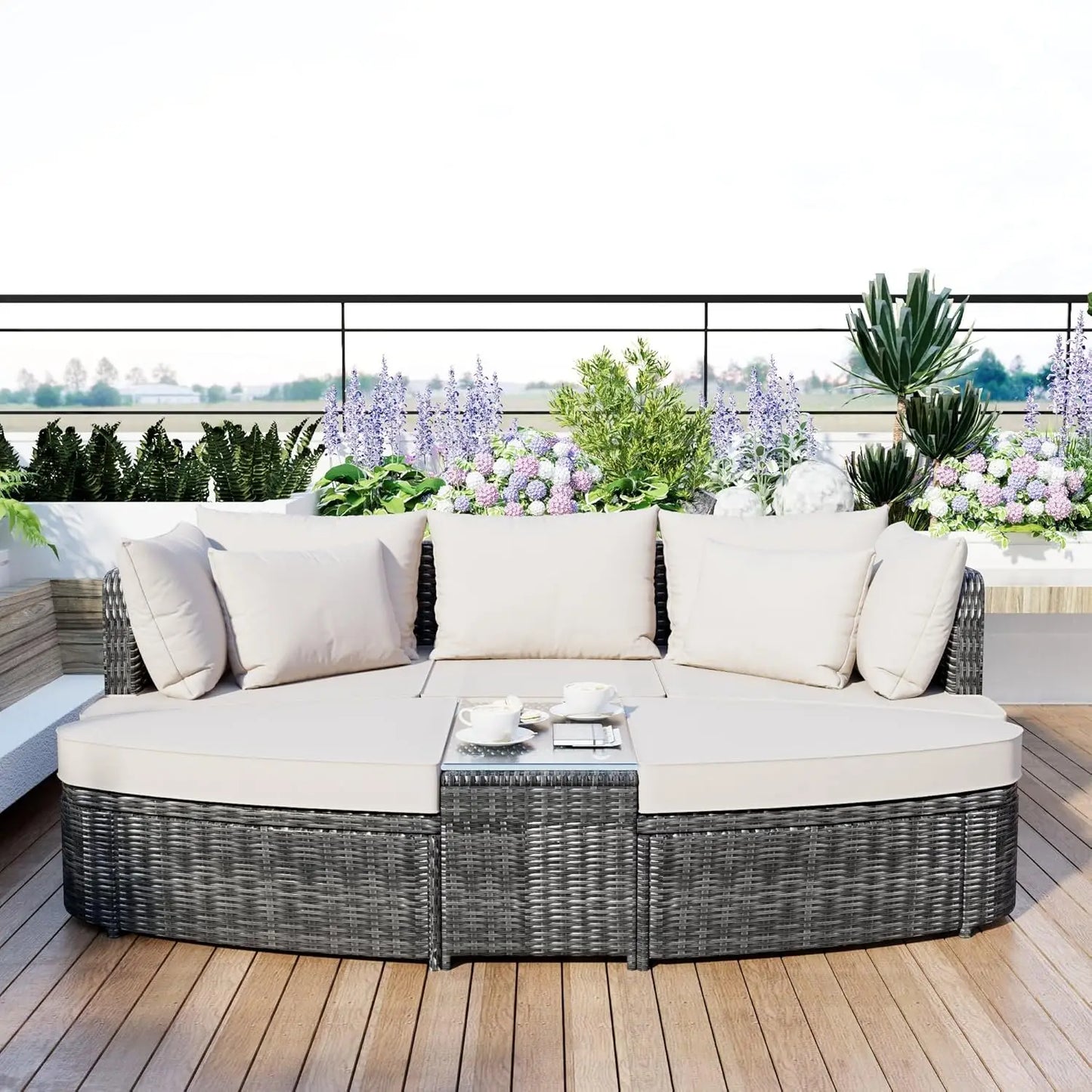 Acacia Wood Half-Moon Outdoor Sofa Set Coffee Table 6 Seat Garden Deck Customized