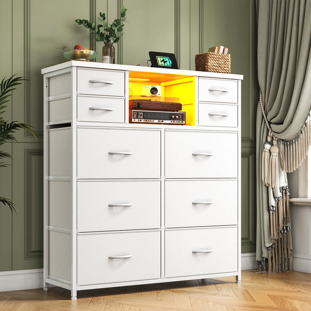 Fabric Storage Chest With LED Charging Station And Open Shelves