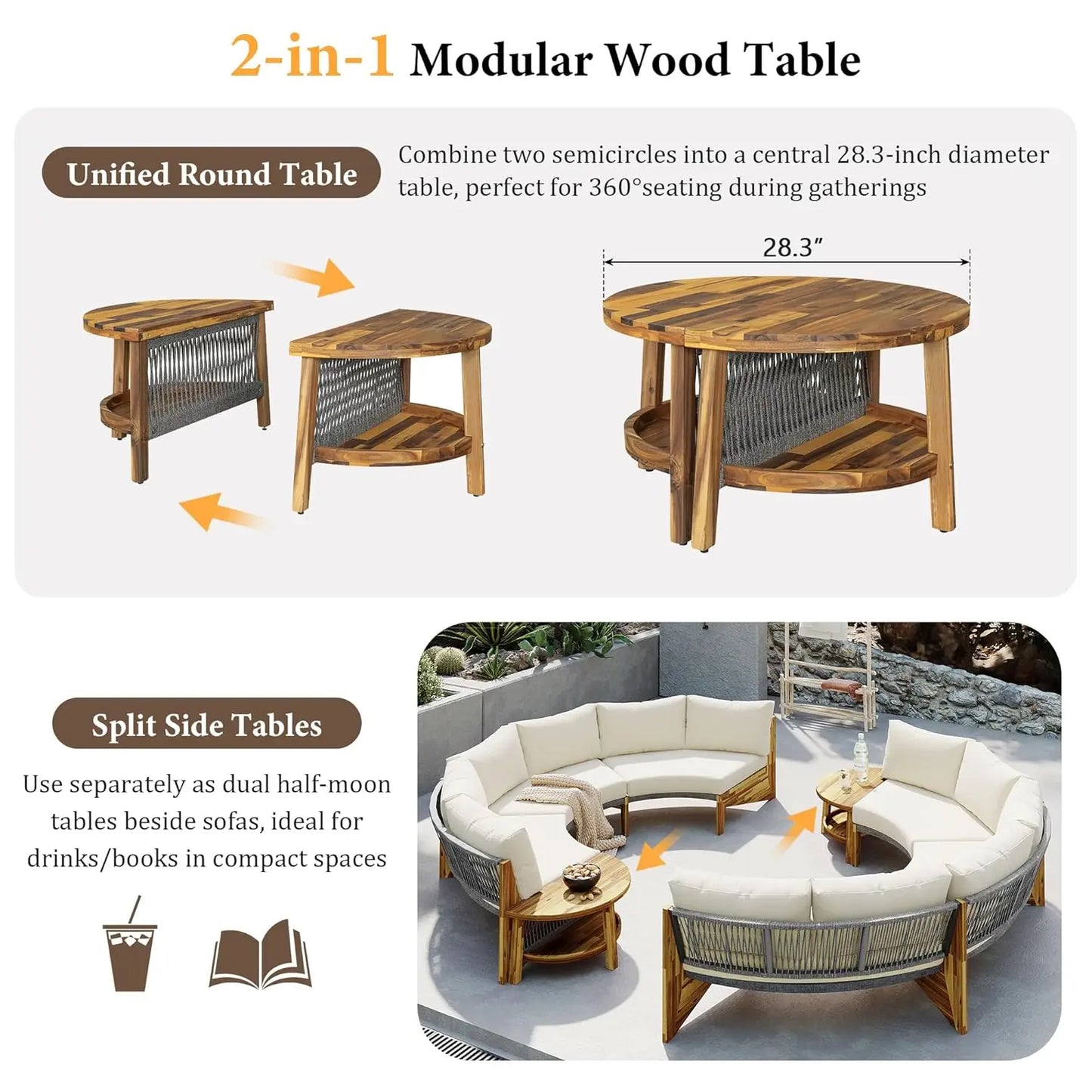 Acacia Wood Half-Moon Outdoor Sofa Set Coffee Table 6 Seat Garden Deck Customized