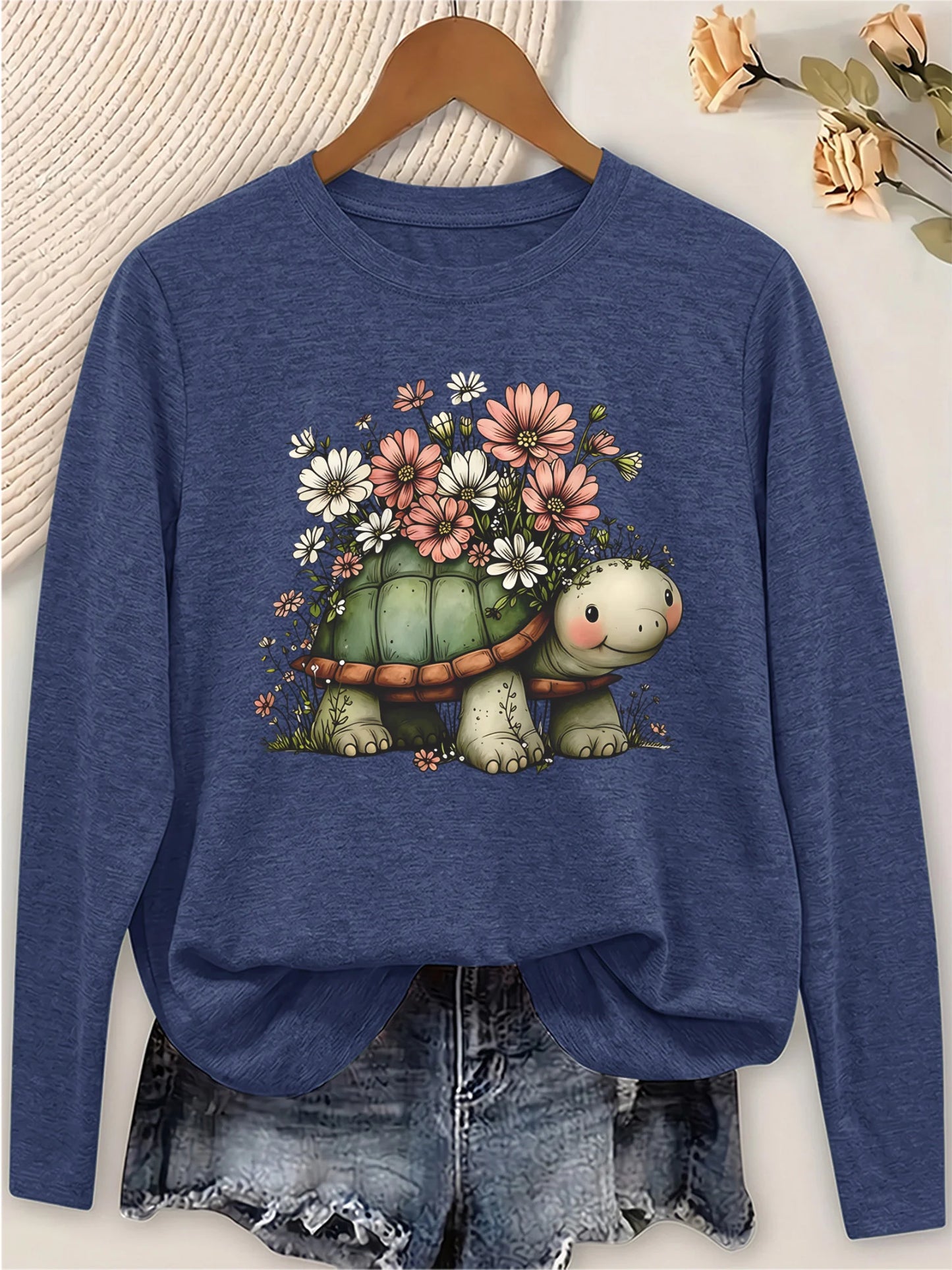 Women's Long Sleeve T Shirt With Turtle Floral Print
