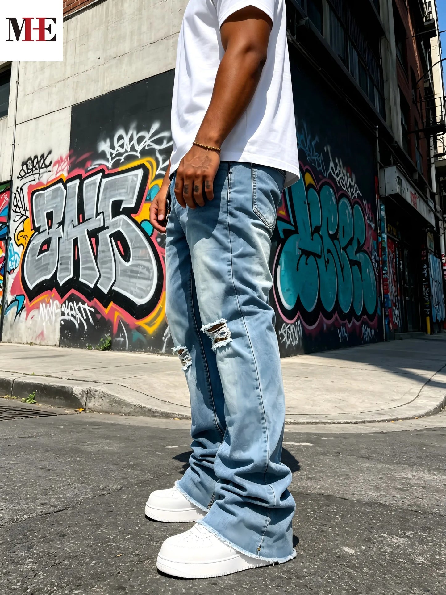 HME Men Distressed Flared Denim Jeans With Knee Rips Frayed Hem Streetwear