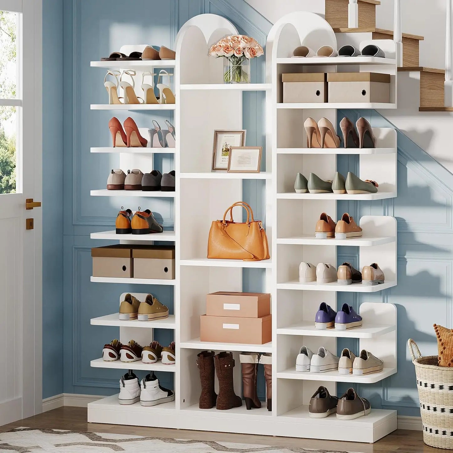 White Shoe Rack, 13-Tier Freestanding Tall Entryway Shoe Organizer with Open Shelves, 40 Pairs Wide Wooden Shoe, Customized