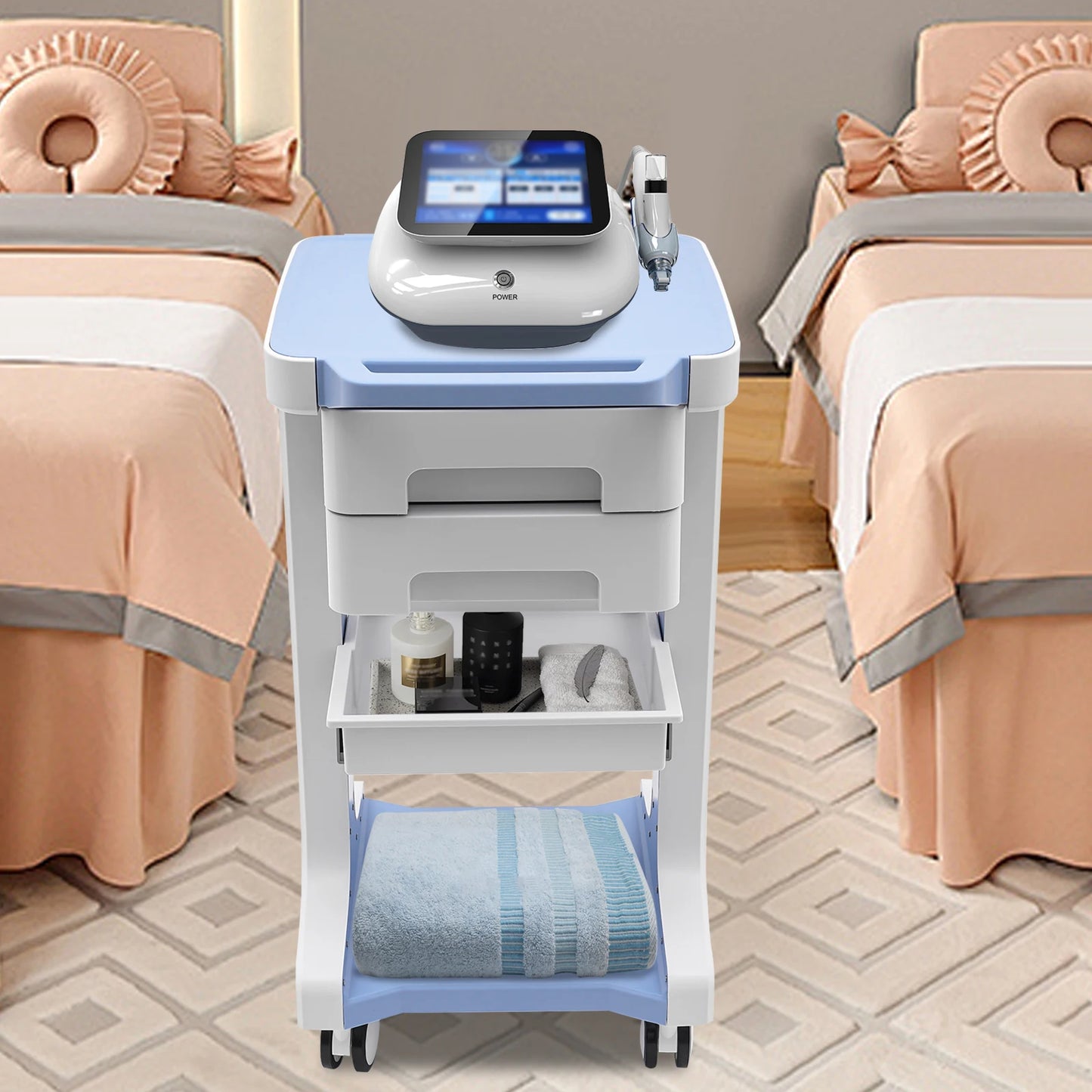 3-Tier Beauty Salon Trolley, 2 Drawers Mobile Storage Cart, 41*41*67cm Utility Cart on Wheels for Barber Stores, Clinics, Spas