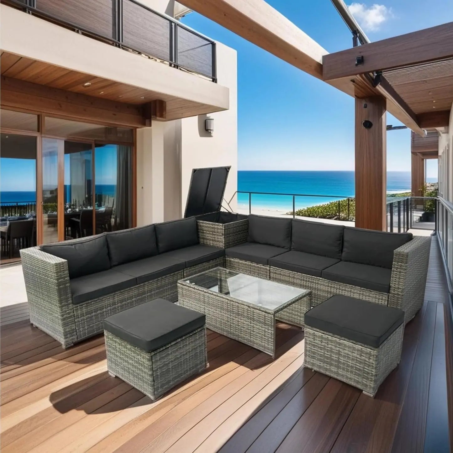 Acacia Wood Half-Moon Outdoor Sofa Set Coffee Table 6 Seat Garden Deck Customized
