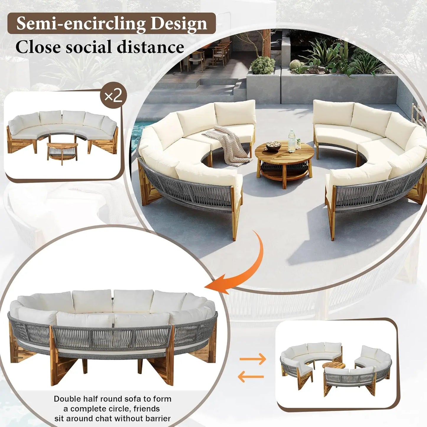 Acacia Wood Half-Moon Outdoor Sofa Set Coffee Table 6 Seat Garden Deck Customized