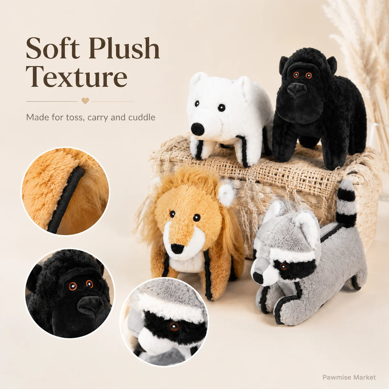 4-Piece Squeaky Plush Pet Toys Set - Polar Bear, Raccoon, Lion & Chimpanzee - Durable Soft Chew Toys for Dogs & Cats - Bite-Resistant Stuffed Animals for Puppies & Kittens - Anxiety Relief & Interactive Play