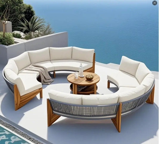 Acacia Wood Half-Moon Outdoor Sofa Set Coffee Table 6 Seat Garden Deck Customized