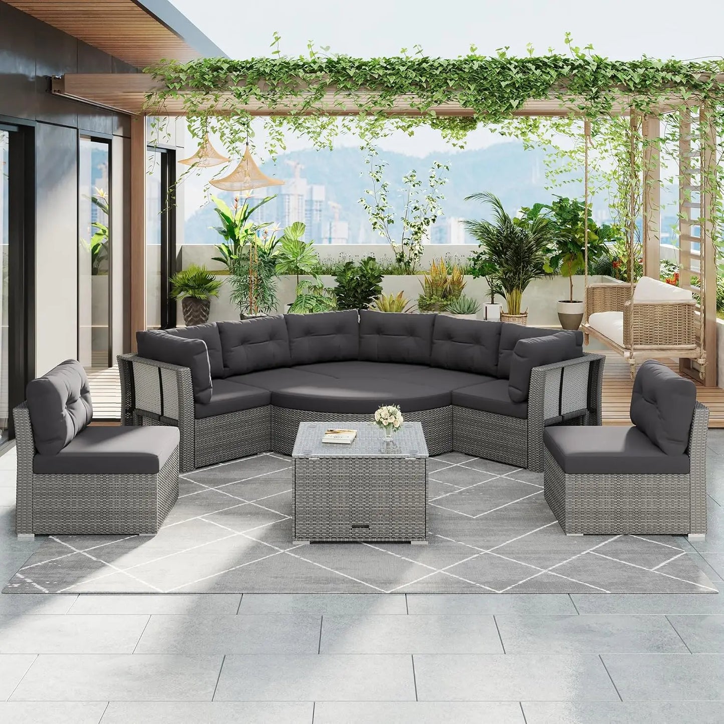 Acacia Wood Half-Moon Outdoor Sofa Set Coffee Table 6 Seat Garden Deck Customized