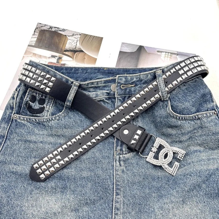 Luxury Women Rhinestone Punk Belt Leather Rivet Accessory