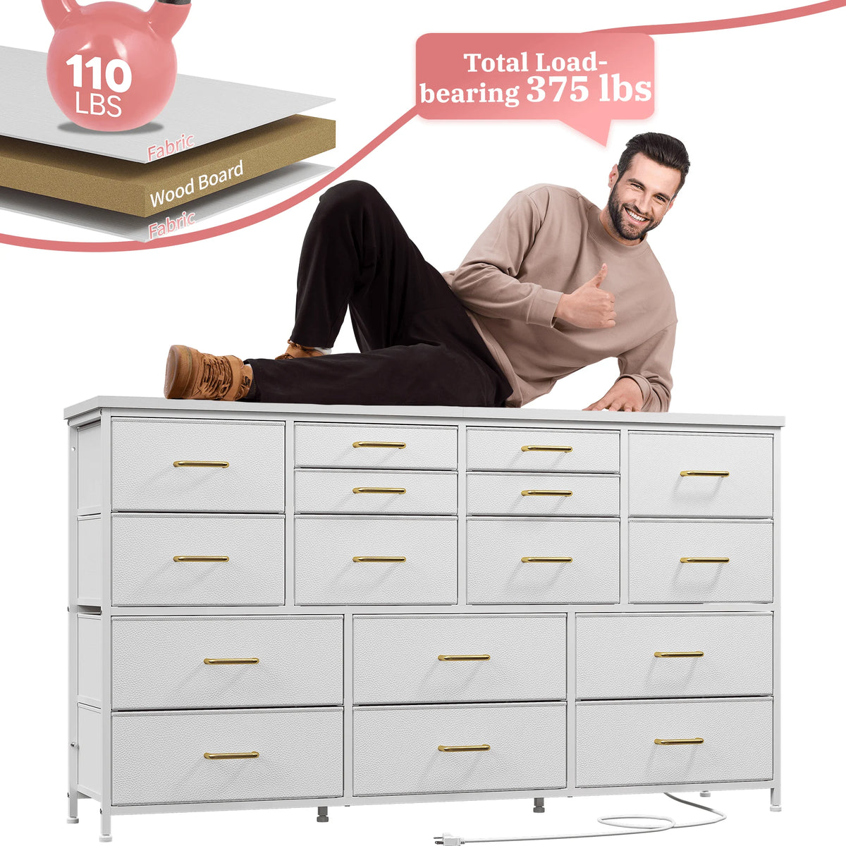 EnHomee 60" TV Stand with 16 Drawers & Charging Station – Long Dresser & Chest of Drawers – Large Bedroom Storage Unit
